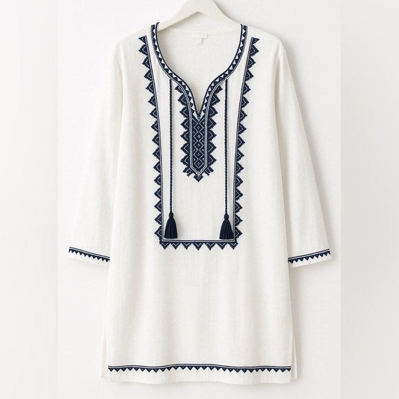 J. Jill Love Linen White Tunic Navy Embroidery, Resort, Vacation, Beach, Plus 4X - Picture 4 of 9